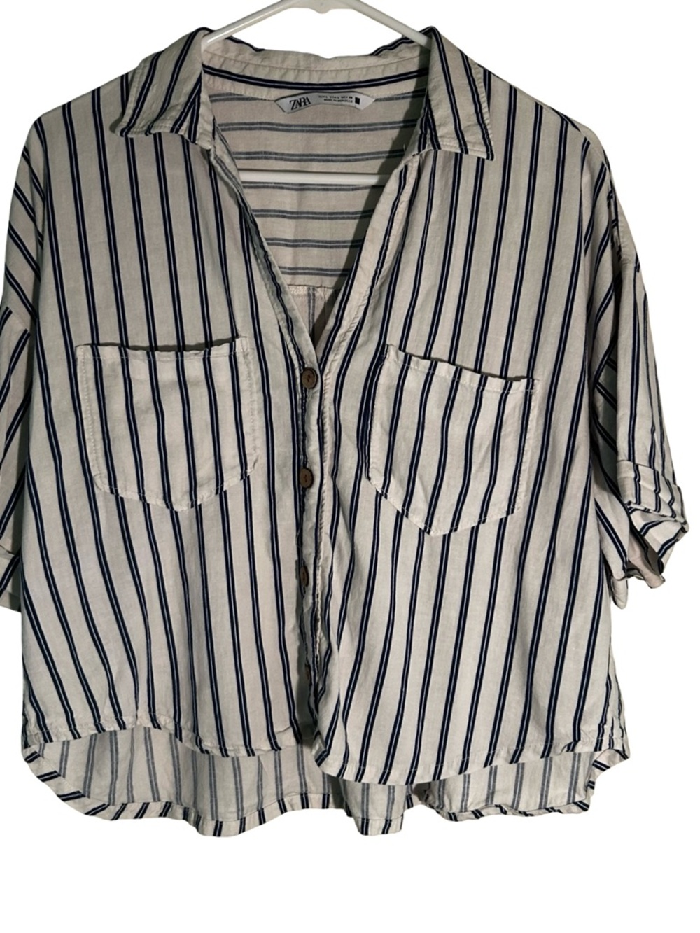Zara Navy and White Striped Button-Front Shirt